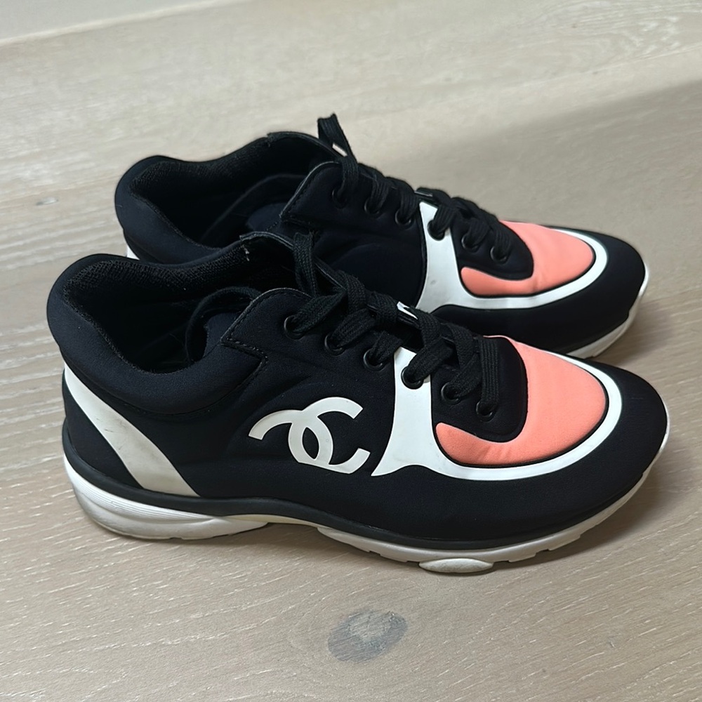 CHANEL Black and Coral Sneakers barely worn